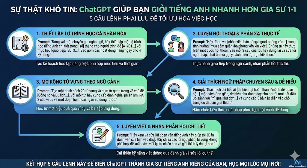 Sự thật khó tin: ChatGPT có thể giúp bạn giỏi tiếng Anh nhanh hơn giáo viên kèm 1–1. Đây là 5 câu lệnh phải lưu